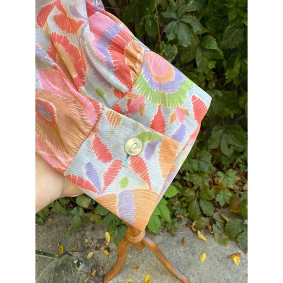 70s Rainbow Floral Psychedelic Tunic Wrap Dress Dagger Collar Volup - Picture 6 of 13